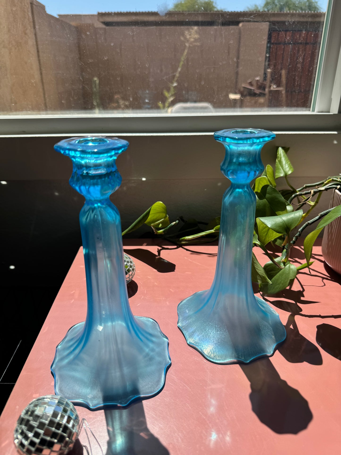 Blue Glass Candlestick Holders, set of 2
