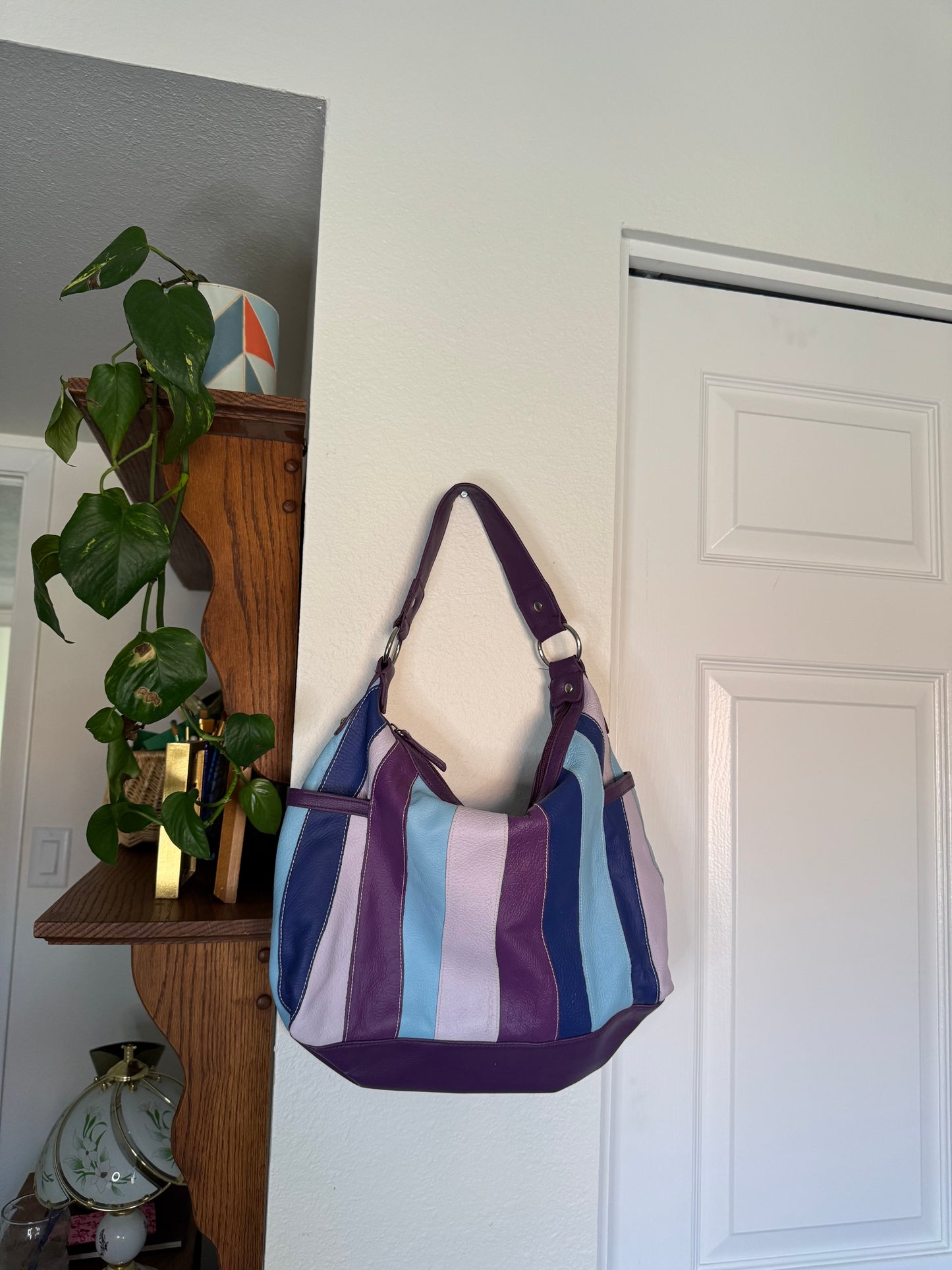 Purple and Blue Leather Striped Shoulder Purse