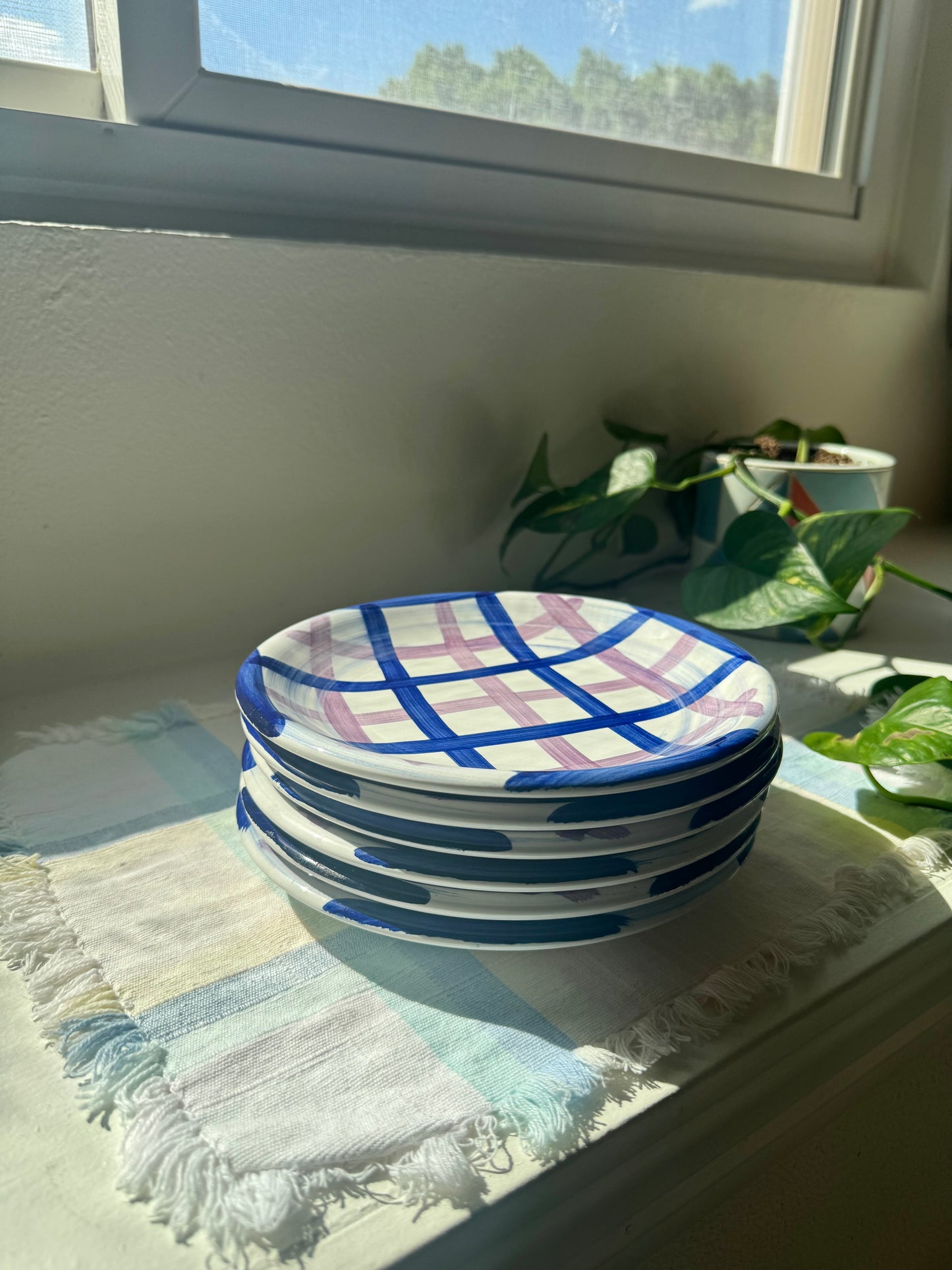 Gibson Purple & Blue Basket Weave Plates, Set of 6