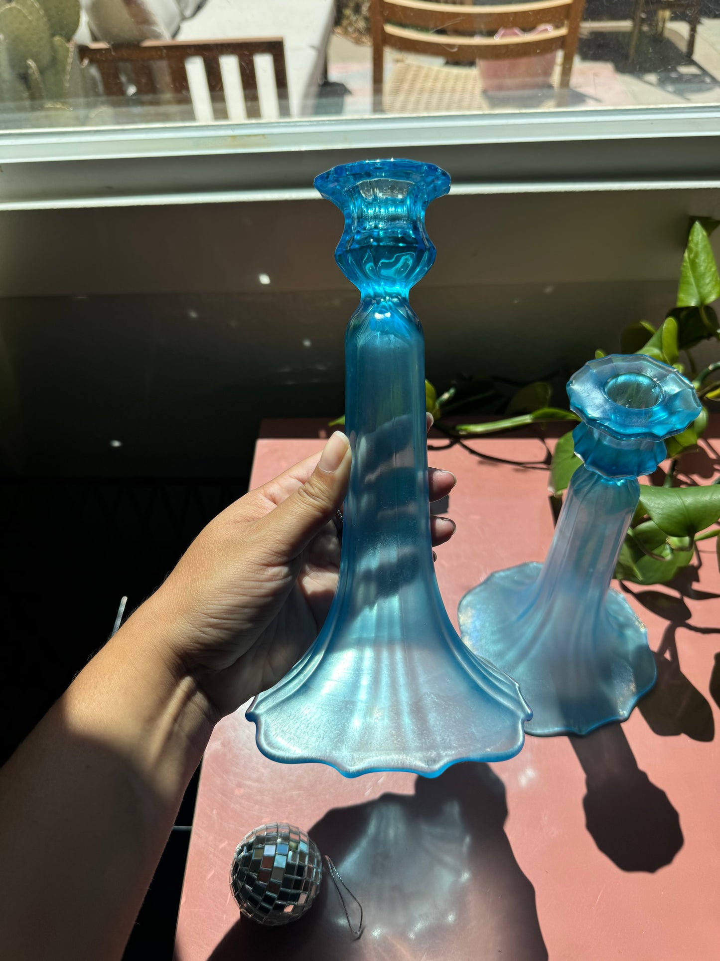 Blue Glass Candlestick Holders, set of 2