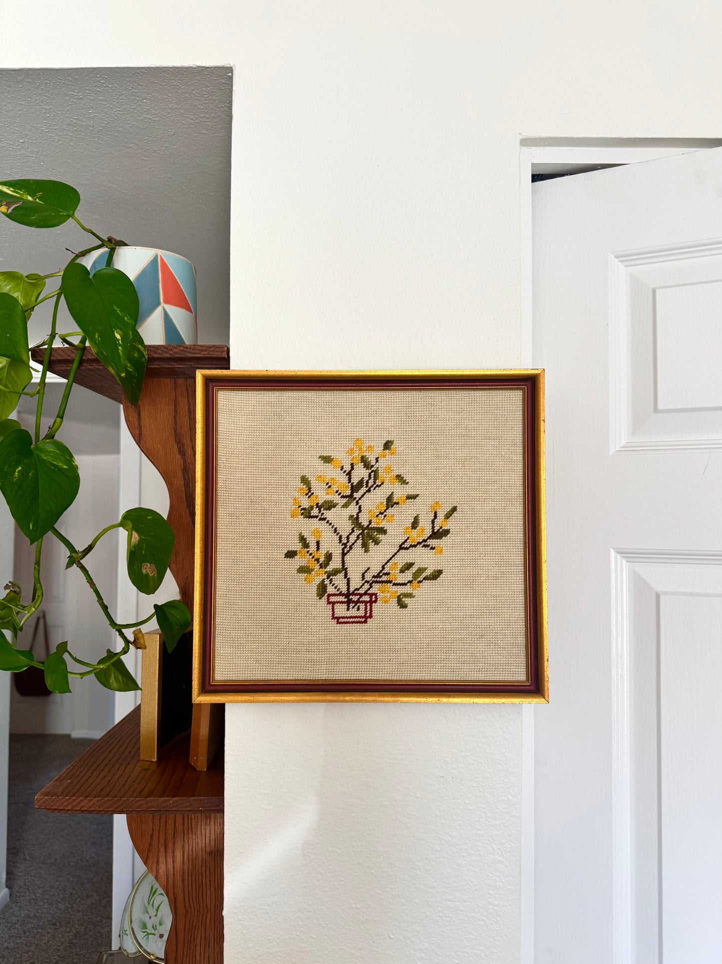 Vintage Yellow Flower Cross Stitch Art
