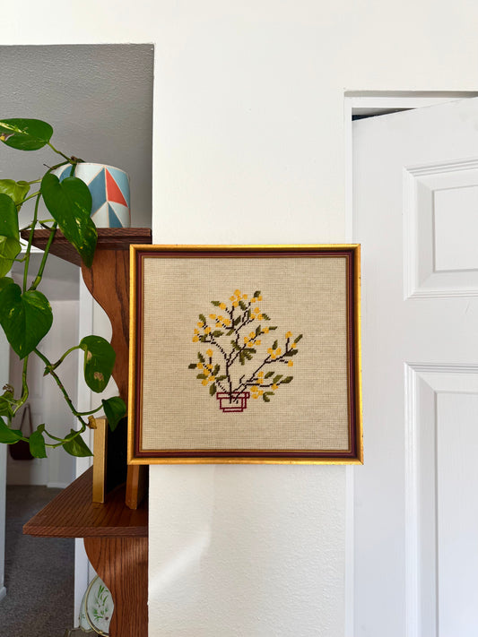 Vintage Yellow Flower Cross Stitch Art