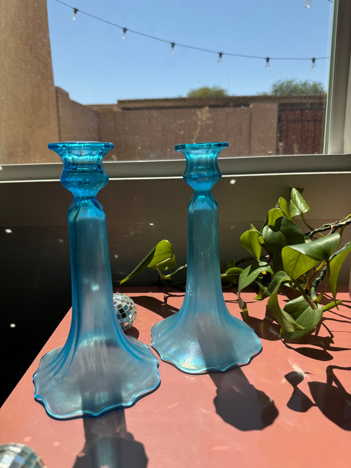 Blue Glass Candlestick Holders, set of 2