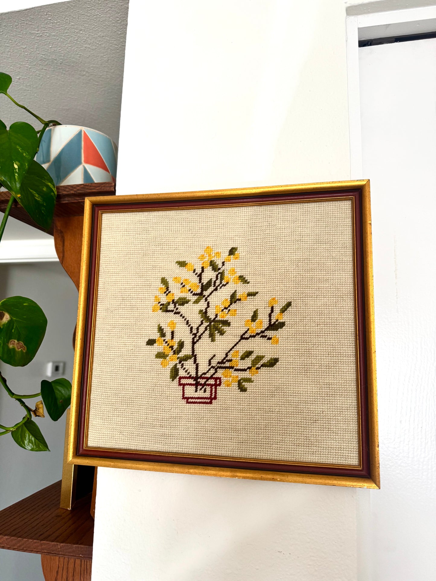 Vintage Yellow Flower Cross Stitch Art