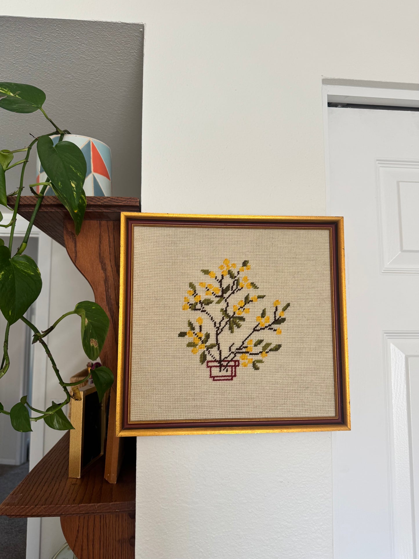 Vintage Yellow Flower Cross Stitch Art