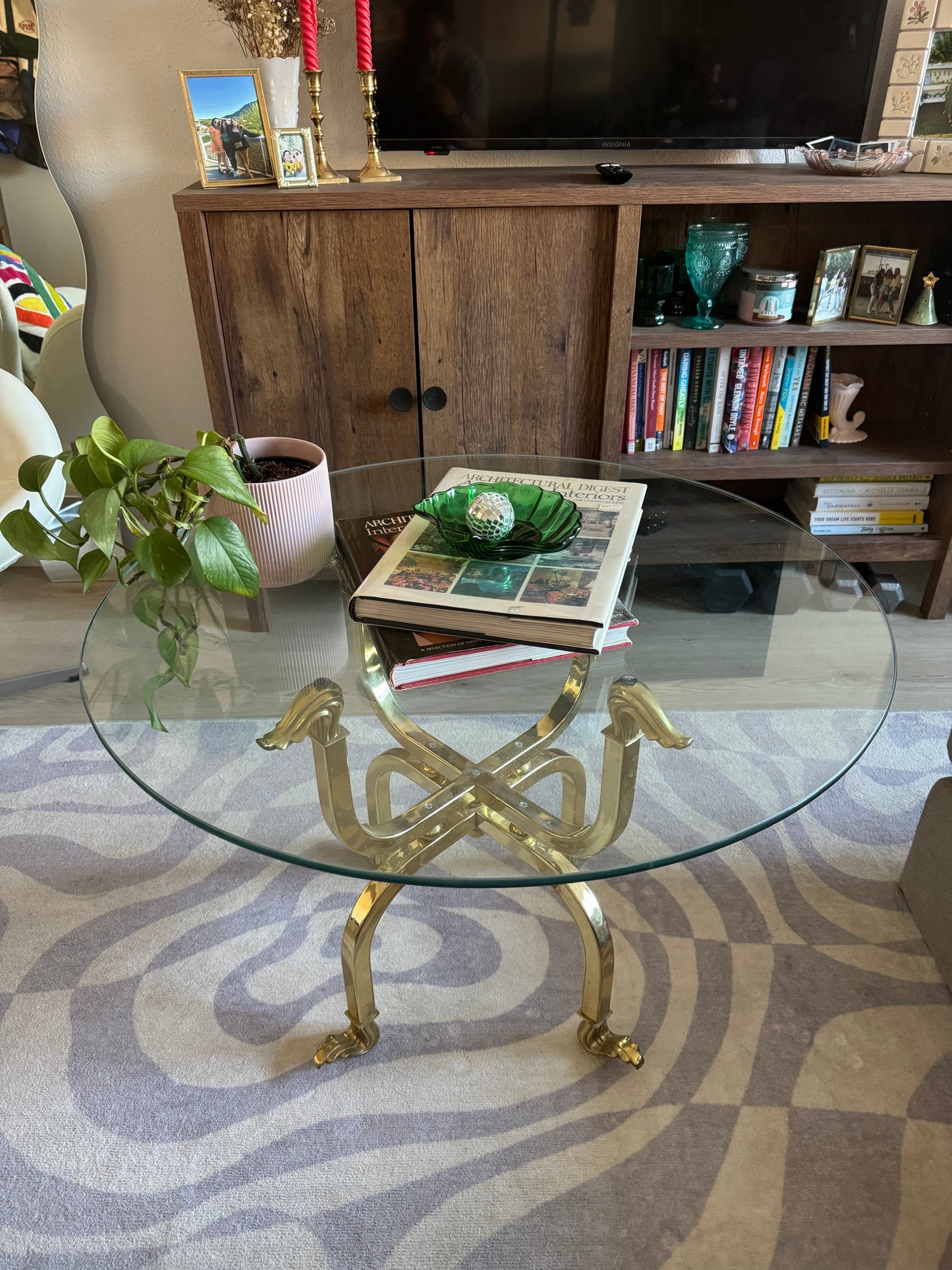 Brass Circular Glass Accent Table