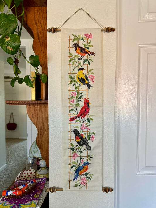 Multicolor Bird Trellis Cross Stitch Art