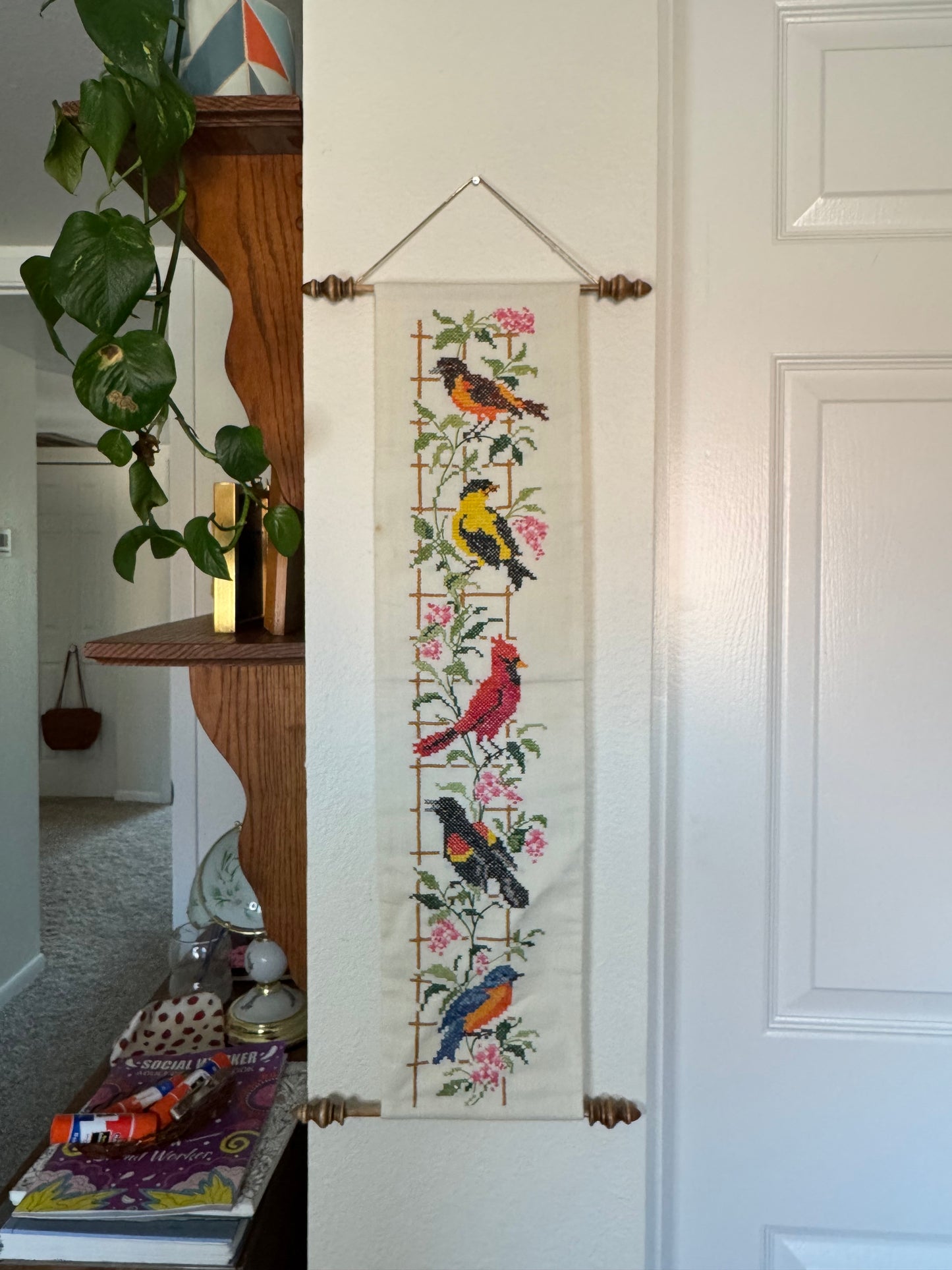 Multicolor Bird Trellis Cross Stitch Art