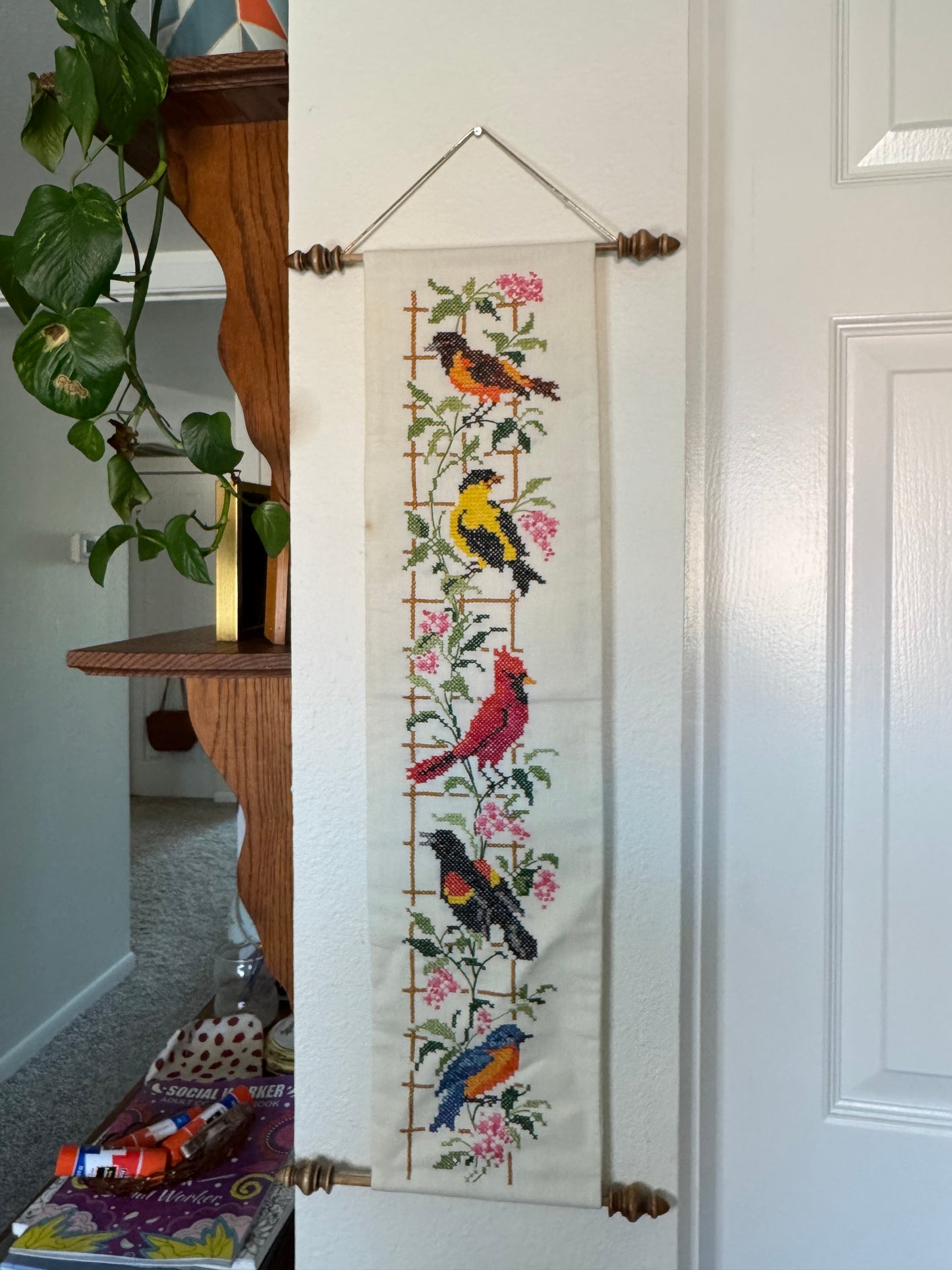 Multicolor Bird Trellis Cross Stitch Art