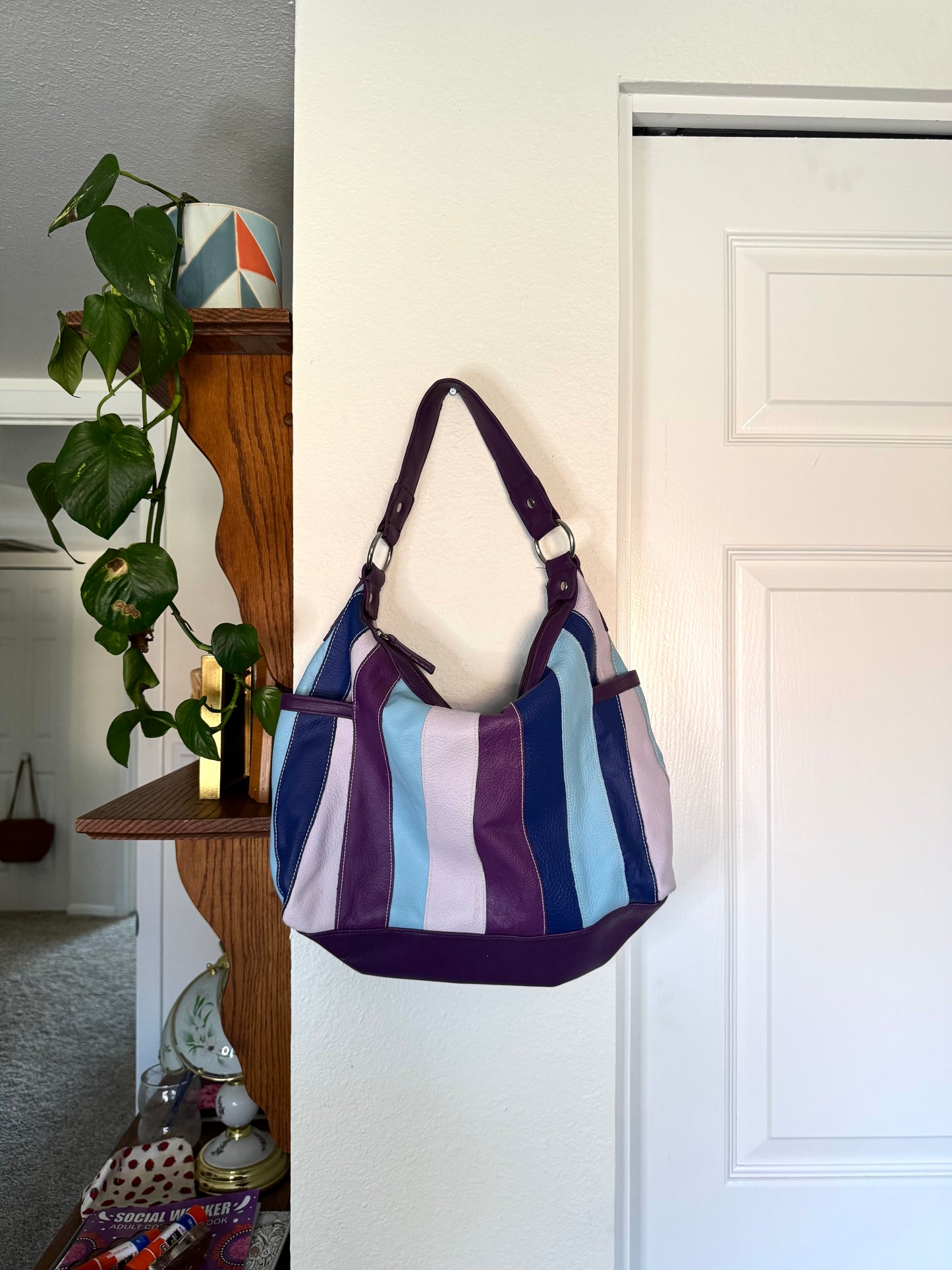 Purple and Blue Leather Striped Shoulder Purse