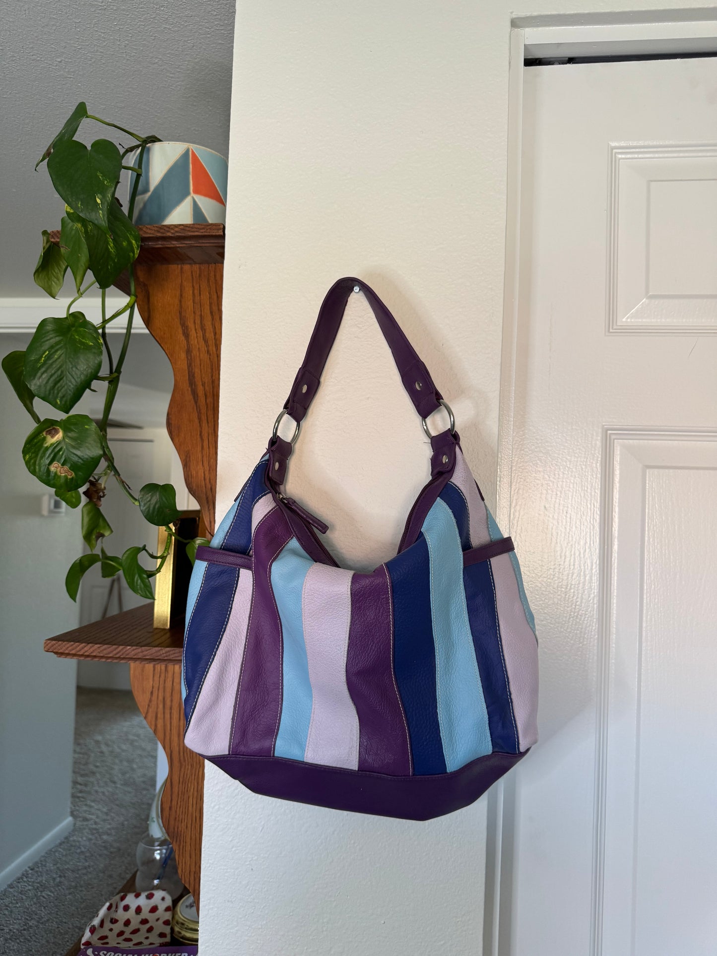 Purple and Blue Leather Striped Shoulder Purse