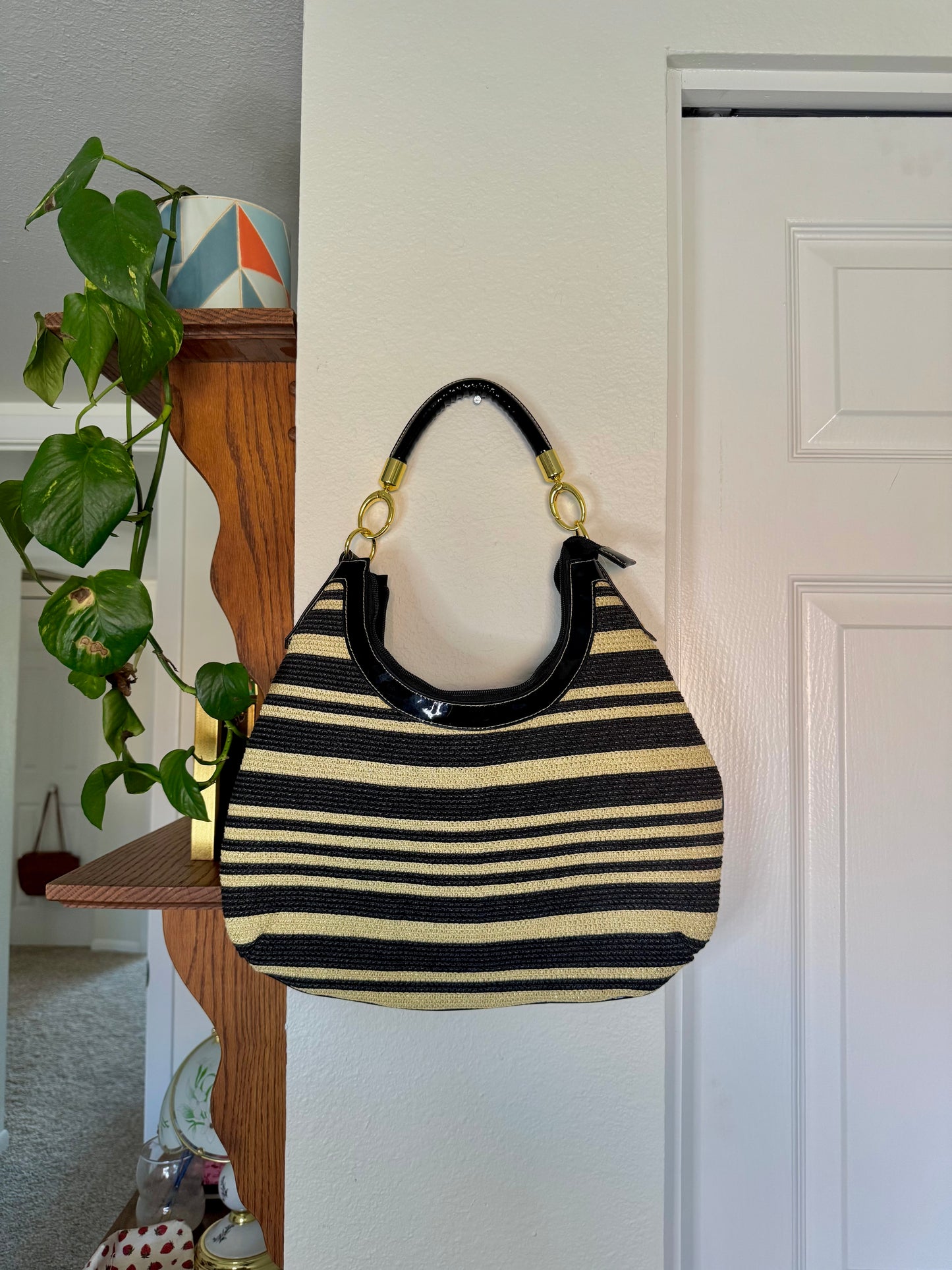 Black and Tan Striped Straw Shoulder Bag