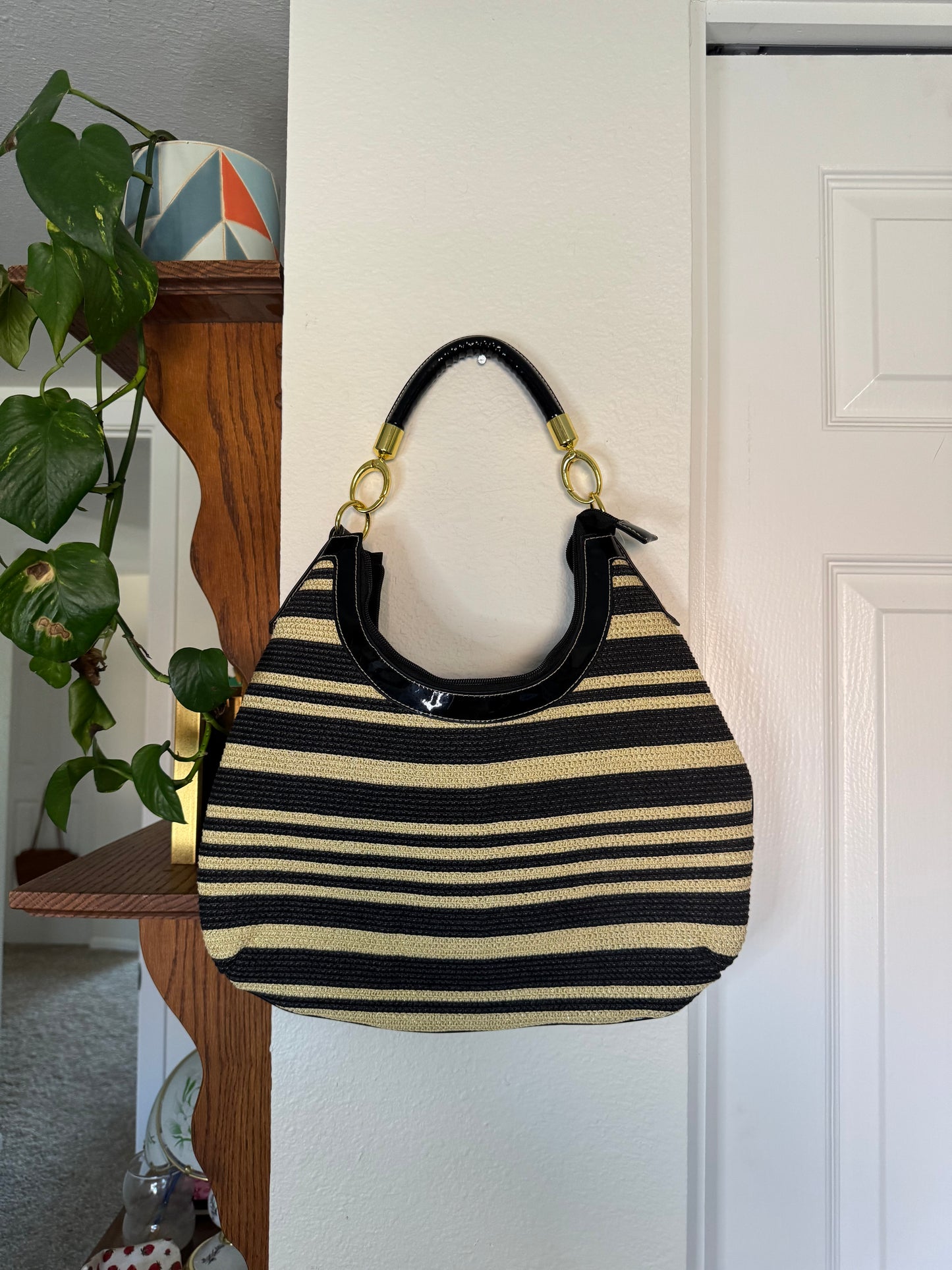 Black and Tan Striped Straw Shoulder Bag