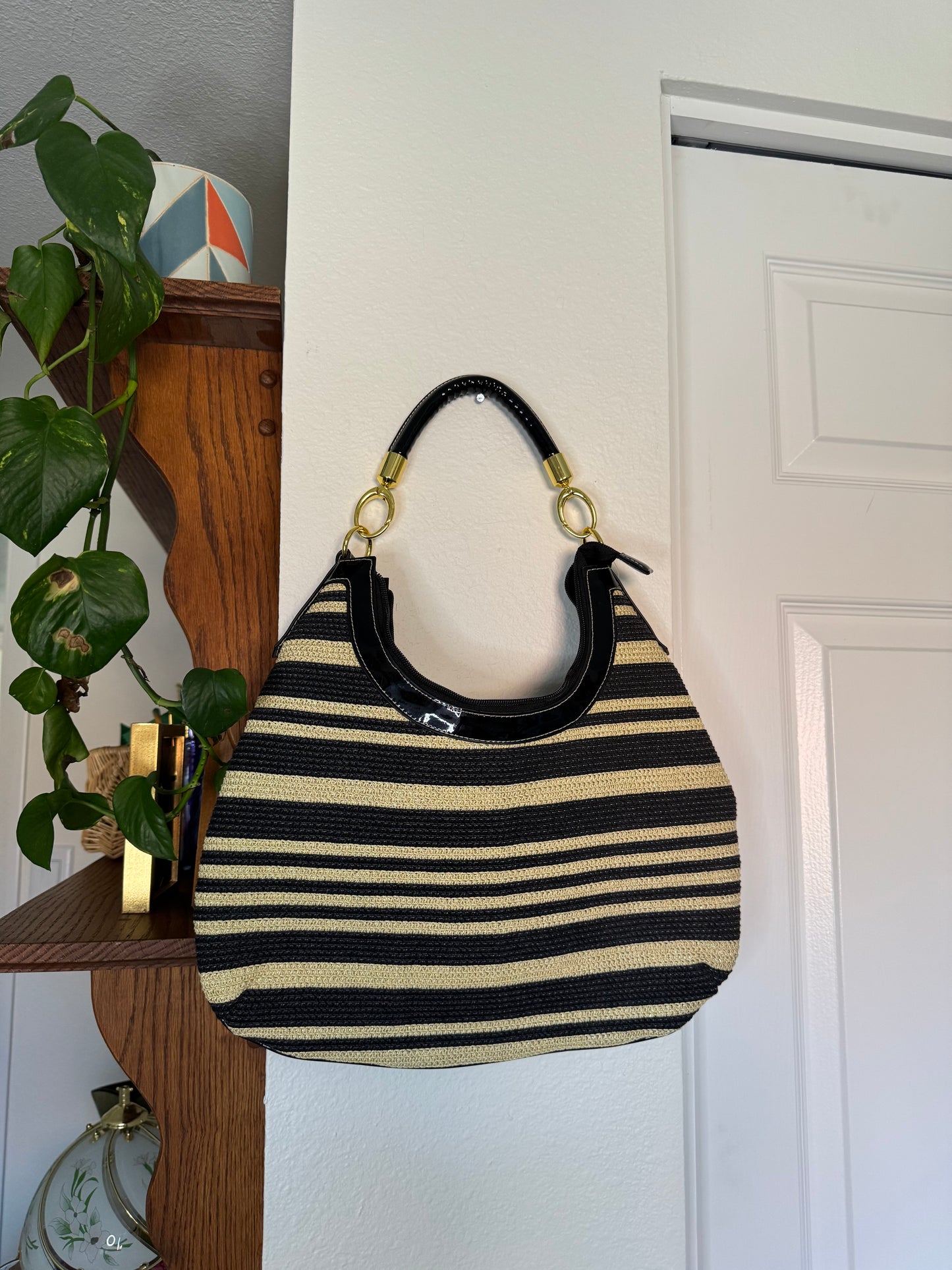 Black and Tan Striped Straw Shoulder Bag