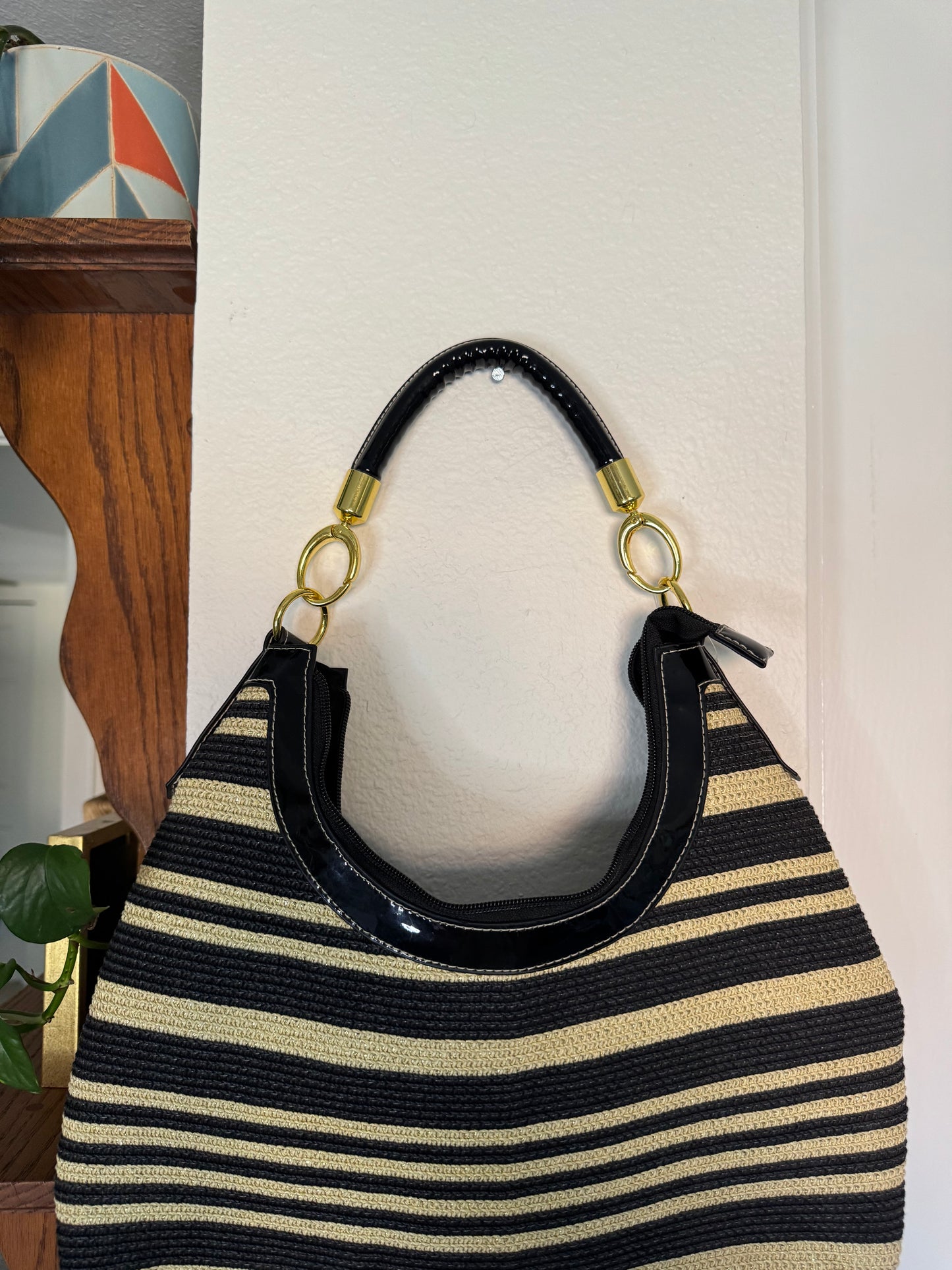 Black and Tan Striped Straw Shoulder Bag