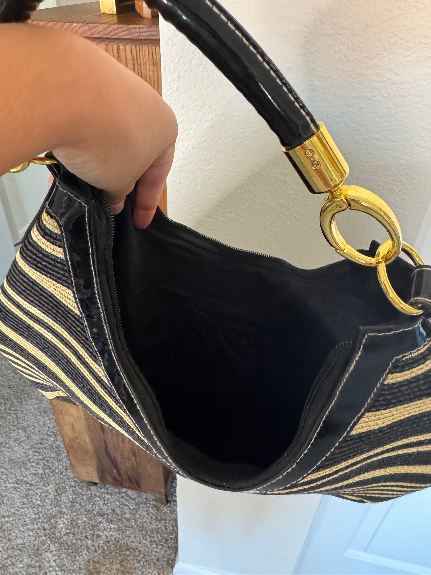 Black and Tan Striped Straw Shoulder Bag