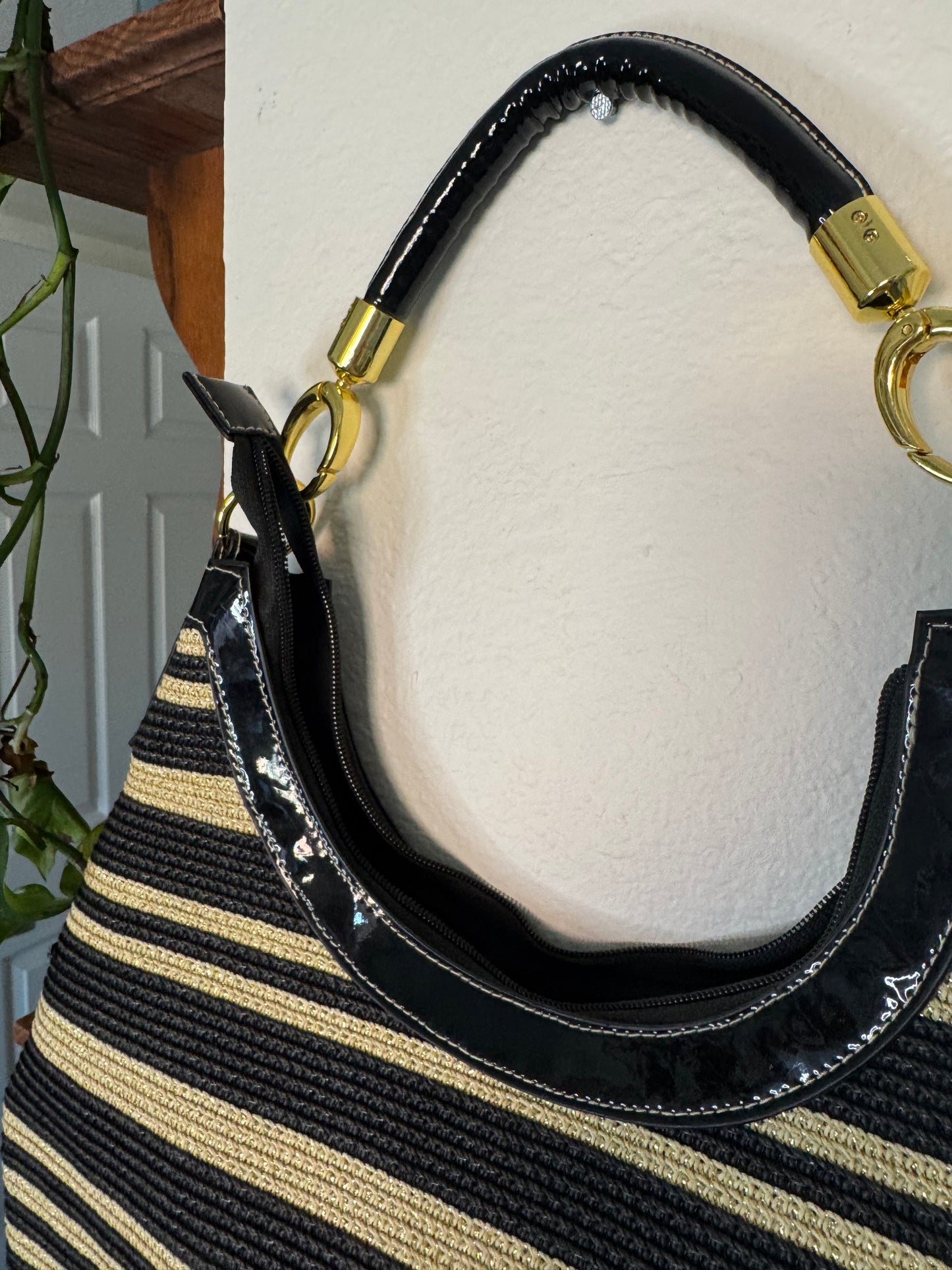 Black and Tan Striped Straw Shoulder Bag