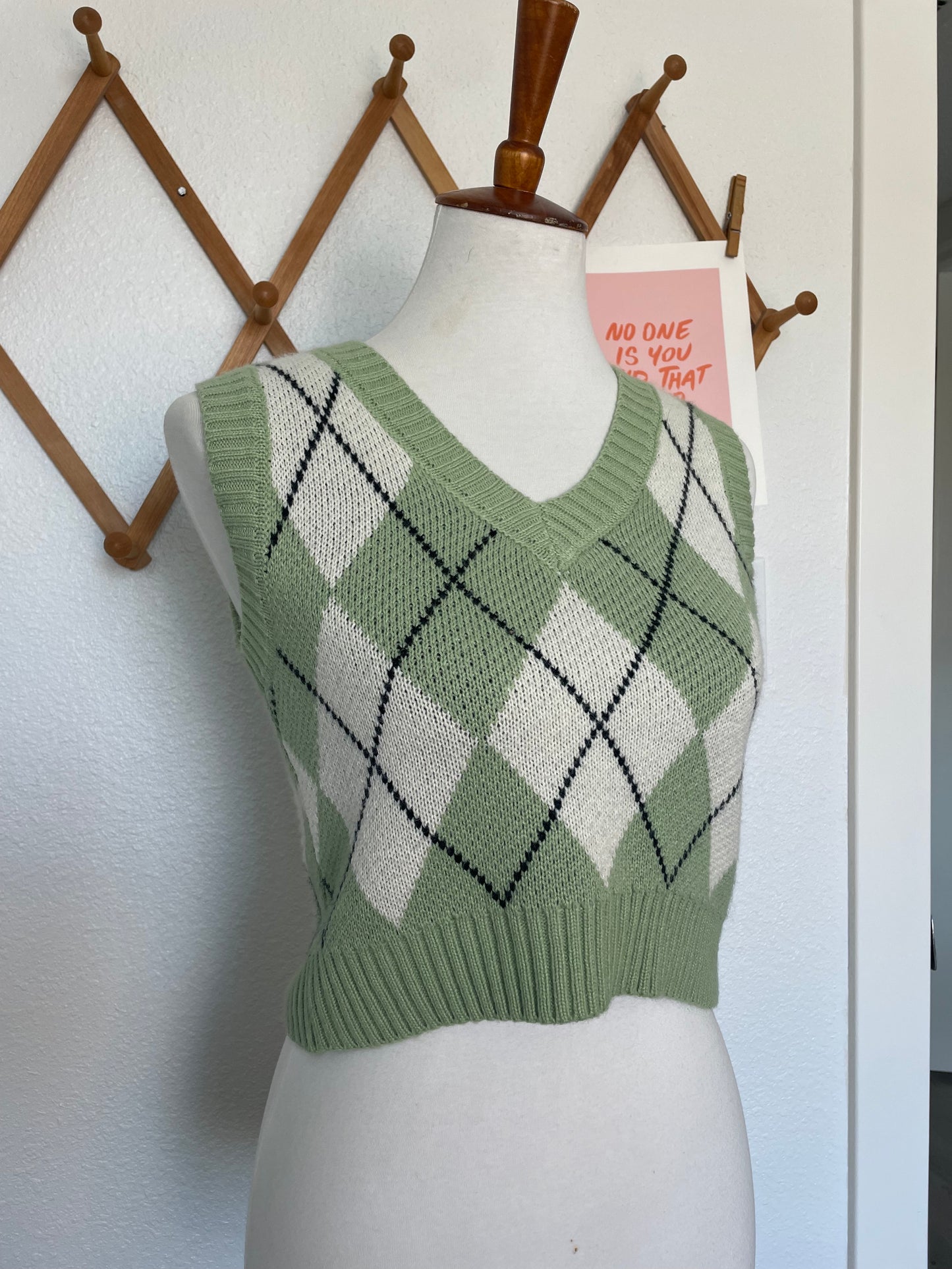 Green and White Argyle Sweater Vest (S)