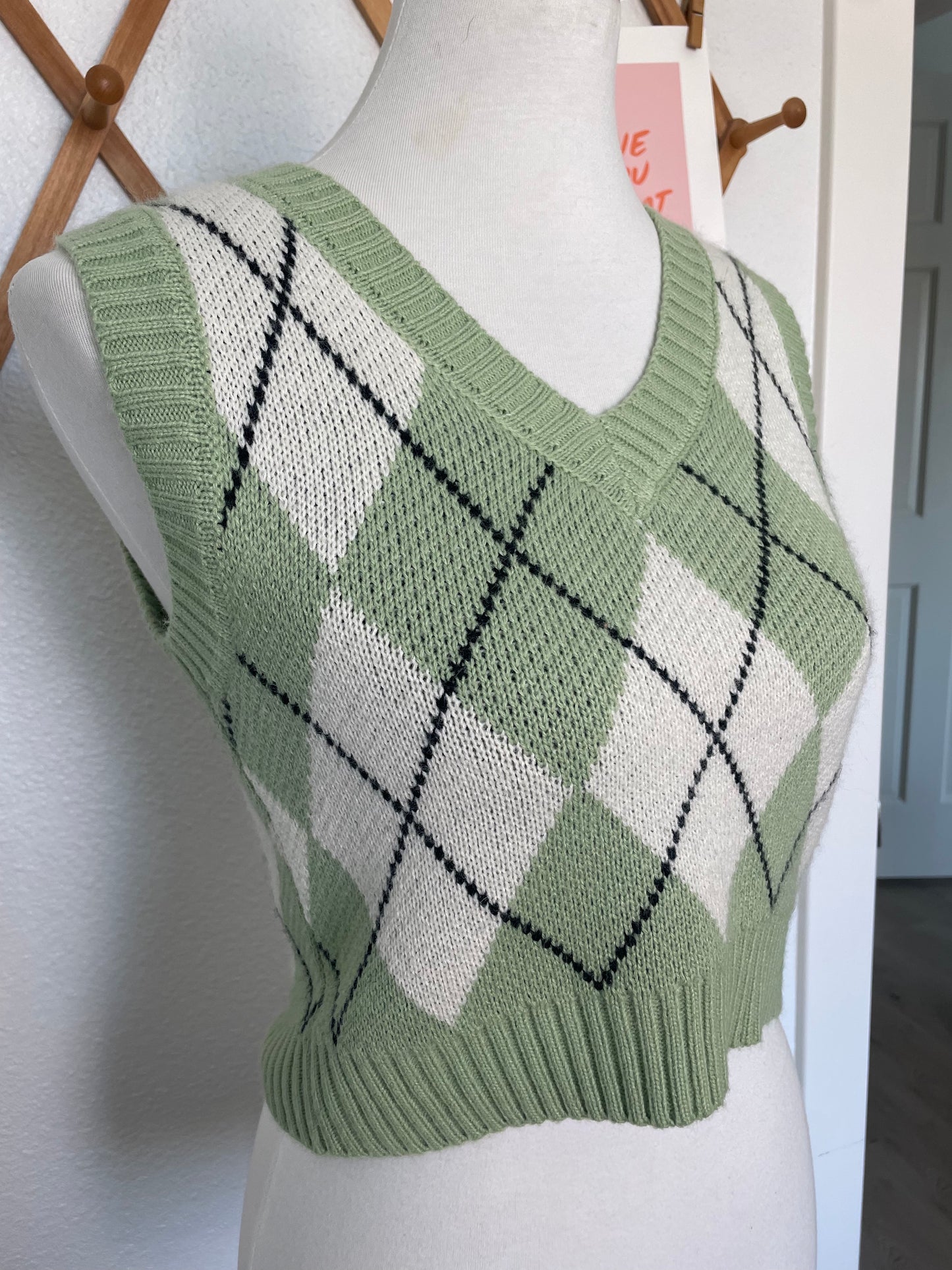 Green and White Argyle Sweater Vest (S)