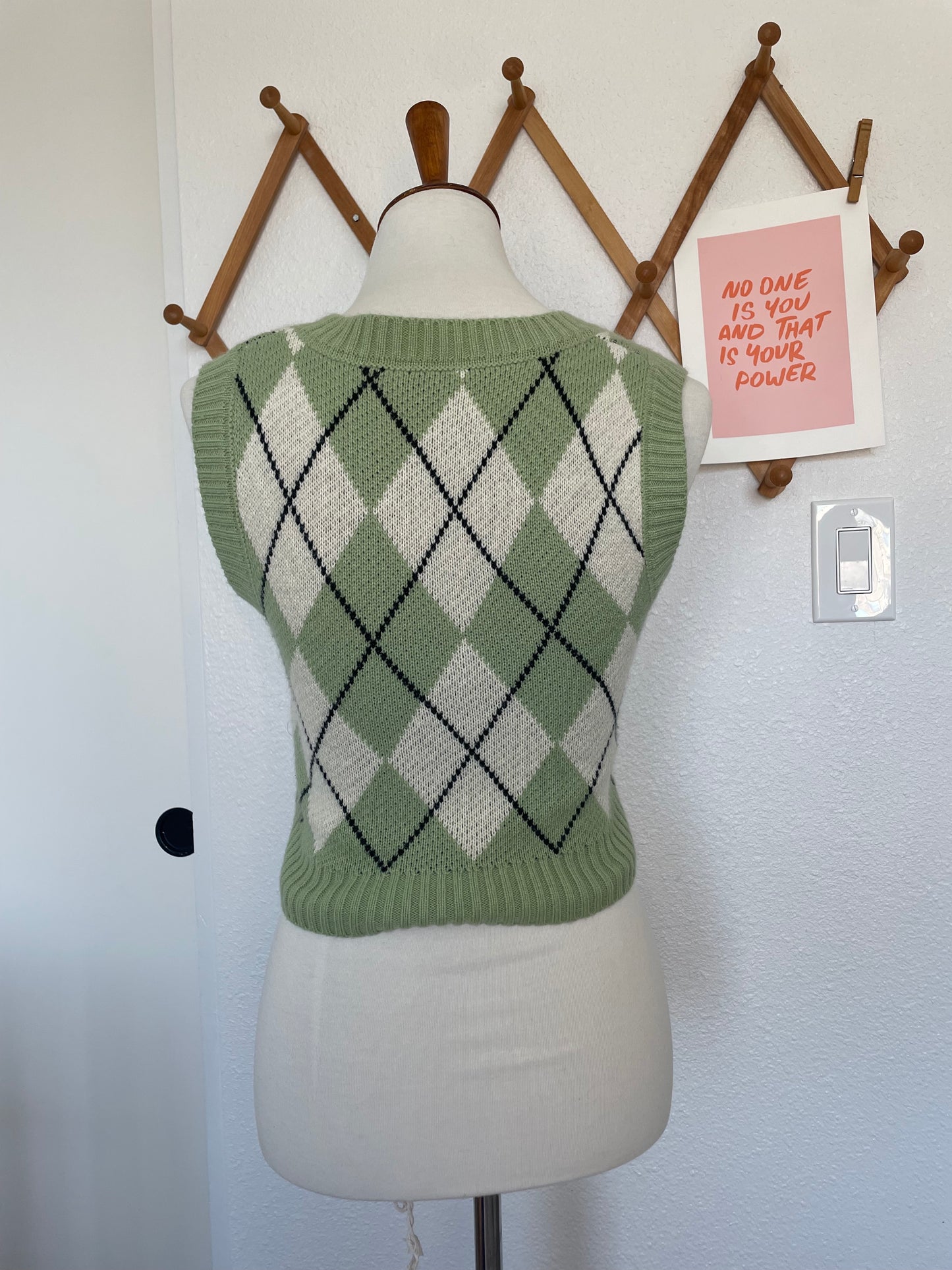 Green and White Argyle Sweater Vest (S)