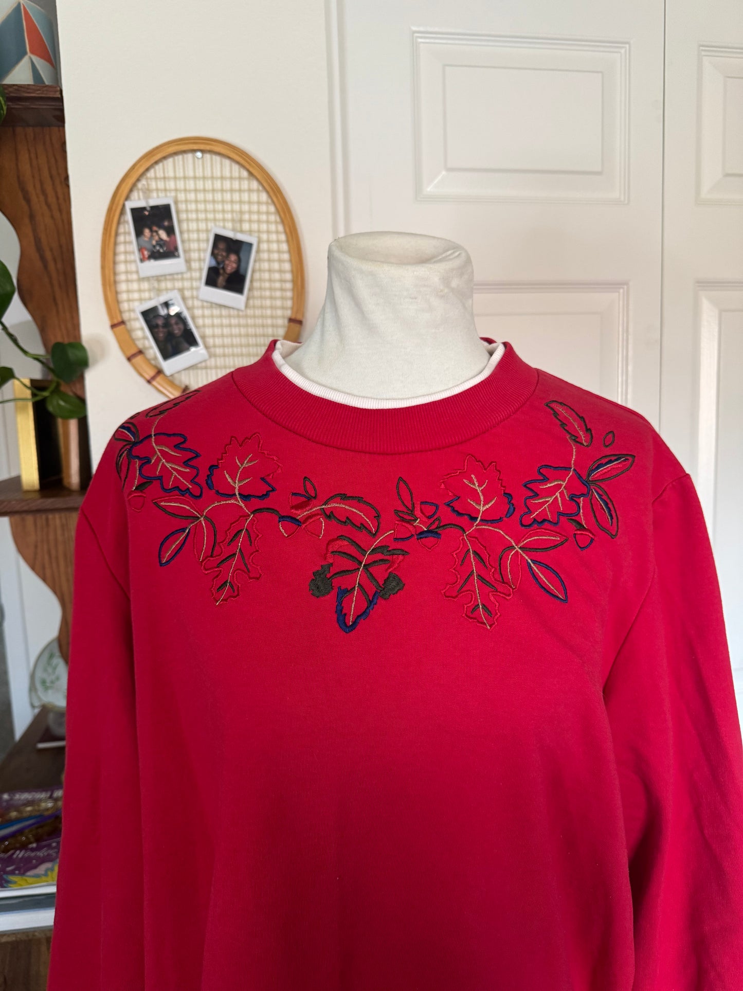 Vintage Red Leaves Embroidered Long Sleeve Shirt (2X)