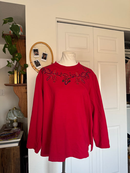 Vintage Red Leaves Embroidered Long Sleeve Shirt (2X)