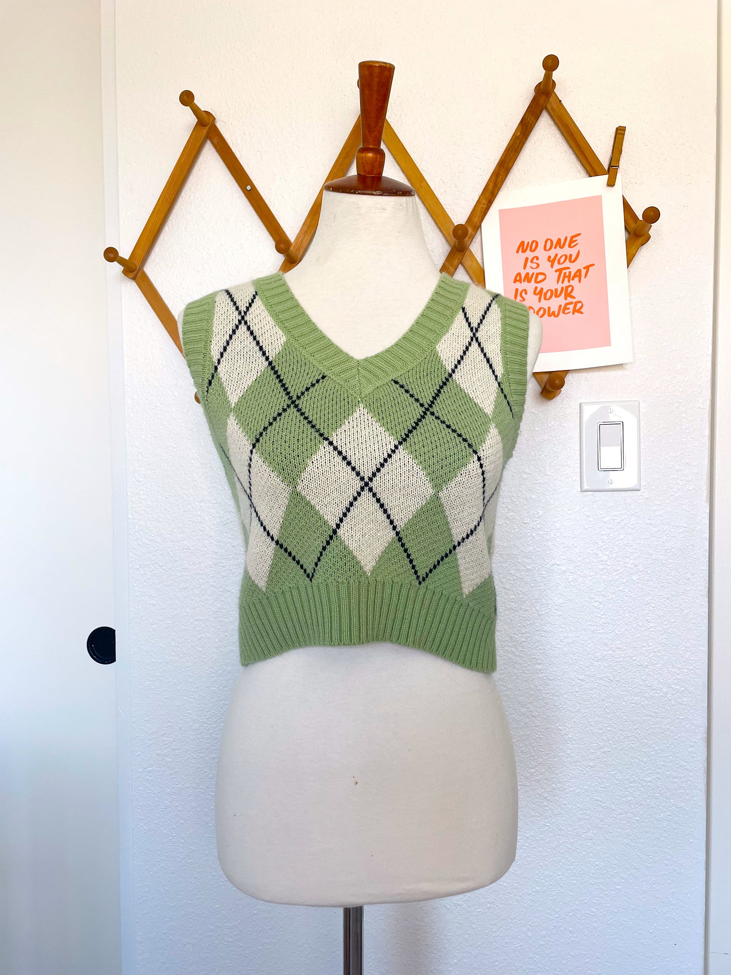 Green and White Argyle Sweater Vest (S)