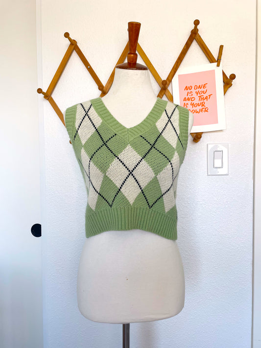 Green and White Argyle Sweater Vest (S)